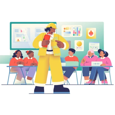 A firefighter with dark skin and short black hair is standing in front of a classroom at a school, holding a red fire extinguisher. The firefighter is wearing a bright yellow helmet and a reflective jacket with patches. Nearby, a group of children with various skin tones are attentively watching the demonstration. The classroom is decorated with colorful educational posters on the walls, and there are desks arranged in rows. The firefighter is demonstrating how to use the extinguisher, pointing at the nozzle while explaining the steps to the children.