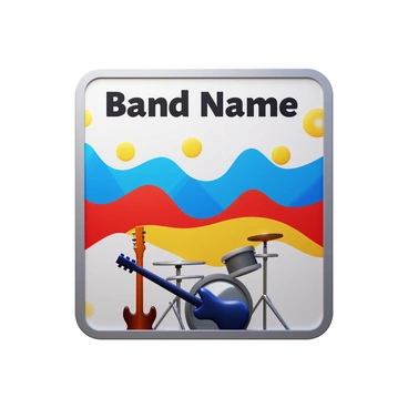 A 1/2 size illustration board featuring a creative album cover design for a music band. The cover includes the band's name, "Band Name," prominently displayed at the top in bold letters. Below the band's name, there is an abstract representation of sound waves in vibrant colors like blue, red, and yellow. The background has a blend of geometric shapes and patterns that create a dynamic feel. At the bottom, there is a stylized depiction of musical instruments, including a guitar and a drum set, arranged artistically.