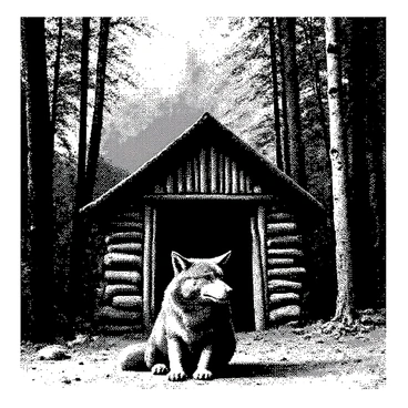 A solitary wolf with thick fur is sitting in front of a humble medieval hut. The hut is made of wooden logs with a thatched roof, surrounded by tall trees that cast shadows on the ground. The wolf's piercing eyes are focused intently, and its ears are pricked up, listening to the sounds of the forest. The setting sun creates a soft, warm light filtering through the branches, illuminating the scene. The ground is covered in leaves and small rocks, with a few scattered twigs nearby.