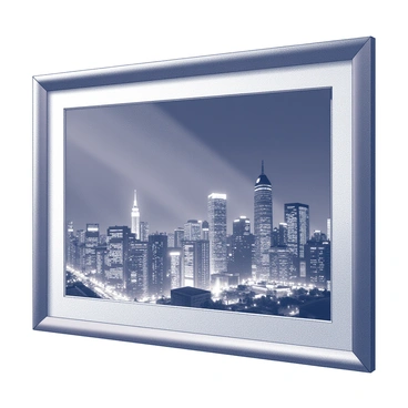 A sleek metallic frame containing a night-time photograph of a city skyline lit up