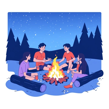A group of friends, including "Ichinose," is gathered around a bright orange campfire on a clear night. The flames cast a warm glow on their faces, illuminating their smiles as they share stories. Above them, the sky is filled with countless stars, sparkling against a deep blue background. They are sitting on logs arranged in a circle, with some holding mugs and others roasting marshmallows on sticks. In the distance, a silhouette of trees frames the scene, enhancing the peaceful atmosphere of their nighttime gathering.