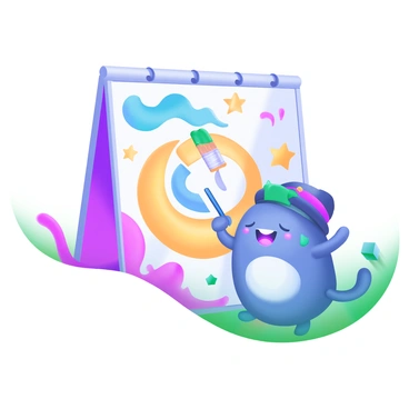 An anion character holding a paintbrush, actively painting a mural on a large wall. The mural features bright colors such as blue, yellow, and pink, with playful patterns including swirls, stars, and abstract shapes. The anion has a joyful expression, wearing a painter's hat, and paint splatters can be seen on its tiny hands. The scene is lively, capturing a vibrant atmosphere of creativity and fun.