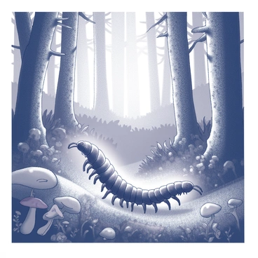 A centipede with an elongated body moves gracefully through a dense forest. Its legs emit a glowing light, creating a captivating illumination in the surrounding area. The forest is filled with towering trees, their trunks adorned with intricate patterns. Various plants and foliage surround the centipede, forming a vibrant undergrowth. Small mushrooms with unique shapes can be seen scattered throughout the forest floor, adding to the enchanting atmosphere. Dappled light filters through the tree canopy, casting soft shadows on the ground.