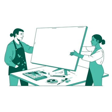 Two artists are engaged in a seamless handover of a blank canvas. The first artist, a teal figure wearing a paint-splattered apron, is extending the canvas with both hands towards the second artist. The second artist, dressed in a white shirt, is reaching out to receive the canvas, showcasing a look of anticipation. In the background, there are various art supplies scattered on a table, including paintbrushes, paint tubes, and a palette filled with vibrant colors. The scene captures the moment of collaboration and creativity between the two artists.