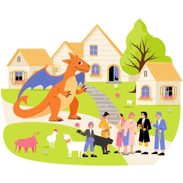Charizard playfully interacting with villagers in a charming medieval village