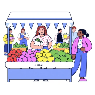 A woman named Sarah is standing at a stall in a vibrant farmer’s market. She has long brown hair tied back in a loose ponytail. Sarah is wearing a light floral dress and holds a reusable shopping bag. The stall is filled with a variety of fresh produce, including bright red tomatoes, green bell peppers, yellow squash, and leafy greens. Colorful banners hang above the stall, and the ground is a cobblestone pattern. Other market-goers can be seen in the background browsing different stalls.