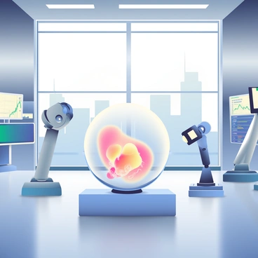 An artificial womb is placed at the center of a high-tech laboratory, surrounded by various advanced medical equipment and screens displaying data. Inside the transparent womb, a genetically engineered embryo is gently suspended in a nutrient-rich fluid, illuminated by soft white lights. The embryo has a delicate, luminous glow, showcasing its intricate cellular structures. There are robotic arms in the background, adjusting the temperature and monitoring the embryo's development. The walls of the lab are lined with sleek metallic surfaces, and a large window reveals a bright, futuristic cityscape outside.