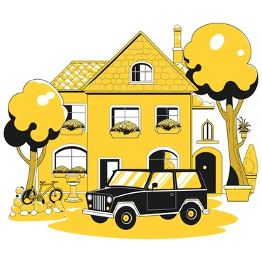 A black G-Wagon driving along a cobblestone street in a quaint European village. The vehicle is surrounded by charming old buildings with white facades and slate rooftops. Flower boxes filled with vibrant flowers are attached to the windows of the houses. A small fountain with a stone statue is located on a nearby plaza, and a couple of bicycles are parked against a wall. Lush green trees line the street, providing shade to the scene.