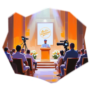 A prestigious hall of fame induction ceremony for "Jackie Robinson" takes place in an elegant venue adorned with rich, dark wood paneling and soft, ambient lighting. An audience of distinguished guests, including former athletes, dignitaries, and family members, is seated in plush chairs, eagerly anticipating the event. A large banner displaying "Jackie Robinson" is prominently placed at the front of the stage, framed by elegant floral arrangements. The podium, polished and gleaming, stands ready for speeches, with a microphone positioned perfectly for the occasion. Photographers capture the moment as a spotlight shines down, highlighting the emotional atmosphere of this significant celebration of "Jackie Robinson's" legacy.