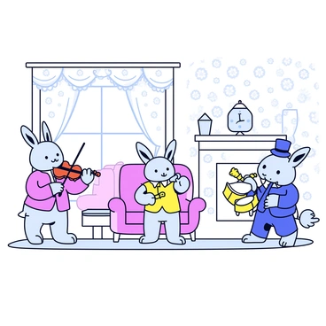 Three rabbits are positioned in a Victorian parlor. One rabbit is playing a small violin, standing on its hind legs, with a focused expression. The second rabbit is seated on a plush armchair, playing a golden flute, while the third rabbit is holding a drum and joyfully tapping its paws. The parlor features ornate wallpaper with floral patterns, a large window with lace curtains allowing soft light to filter in, and a decorative fireplace adorned with a clock and candlesticks. The rabbits are dressed in tiny Victorian attire, with the one on the violin wearing a little waistcoat and the one on the flute donning a bonnet.