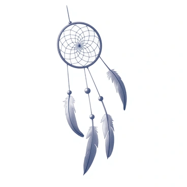 A dream catcher is suspended in mid-air, featuring an intricate web design and hanging beads. Delicate feathers are gracefully cascading downwards from the bottom of the dream catcher. The feathers are gently swaying as they are carried by a soft breeze, creating a dynamic movement. The background suggests a tranquil atmosphere, enhancing the sense of peacefulness associated with the scene.