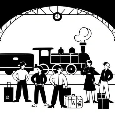 Passengers standing on a platform at a 1930s railway station, beneath an ornate, arched canopy. Several individuals are dressed in period-appropriate clothing, including men in suits and hats, and women in long dresses and cloche hats. There are vintage suitcases and travel bags placed nearby, some with stickers from different destinations. In the background, a steam locomotive billows clouds of steam, with intricate details on its exterior. A large clock hangs over the platform, displaying the time. The scene captures the anticipation of travel in a bustling railway environment.
