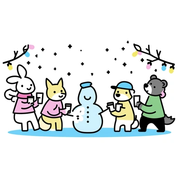 A group of various animals, including a rabbit, a fox, and a bear, gathered together in a snowy landscape. They are surrounded by colorful lights strung between trees, illuminating the scene. Snowflakes gently fall from the sky, covering the ground in a thick white blanket. In the center, there is a large ice sculpture of a snowman, beautifully carved and shining in the light. The animals are wearing winter attire, with the rabbit in a red scarf, the fox sporting a blue hat, and the bear decked out in a green sweater. They are smiling and interacting, holding cups of hot cocoa and celebrating joyfully.
