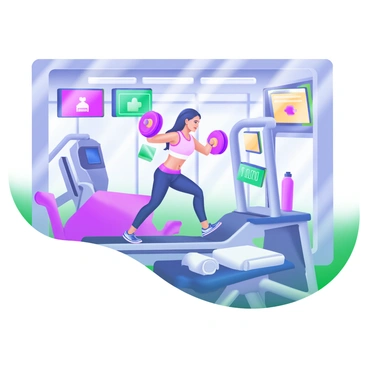 A high-tech gym interior featuring a person in athletic wear performing lateral raises with dumbbells. The individual has a focused expression and is positioned in front of multiple digital screens displaying workout metrics and animations. The gym is equipped with sleek fitness machines and modern exercise equipment. Bright, overhead lights illuminate the space, enhancing the vibrant colors of the gym's design. A water bottle and towel are placed on a nearby exercise bench, completing the scene.
