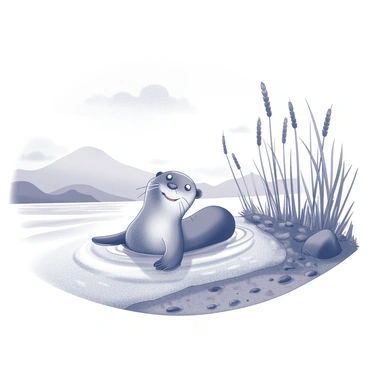 An otter is swimming at the edge of an estuary. The otter is partially submerged, with its paws visible and creating ripples in the water around it. The surface of the water reflects the surrounding environment, including reeds and small rocks along the shoreline. The otter appears joyful, with its mouth open in what looks like a playful expression. Nearby, a few small fish can be seen darting along the water’s edge, while the sky above features a scattering of clouds, hinting at a gentle breeze.