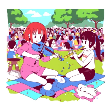 A red-haired girl named "Kaede" is playing a shiny blue violin with great concentration. Beside her, a girl with "Suzu" embroidered on her shirt is enthusiastically playing a bright yellow flute. They are surrounded by a vibrant crowd of people enjoying the lively outdoor concert, with colorful blankets spread out on the grassy field. Brightly lit trees are visible in the background, adding to the festive atmosphere of the scene. Small birds can be seen perched on nearby branches, listening to the music.
