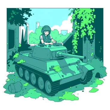 A teal tank girl is exploring a deserted urban jungle. She is wearing a tactical outfit, complete with a helmet and gear, as she navigates through the overgrown ruins. Vines and foliage are climbing over the surface of her tank, adding a lush green element to the scene. Broken concrete structures can be seen in the background, draped in thick green vegetation. Sunlight filters through the dense canopy above, casting shadows on the ground that is covered in leaves and rubble. The atmosphere is filled with a sense of adventure as the tank girl surveys her surroundings.