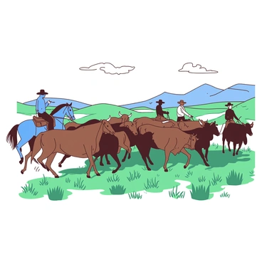 A blue cowboy on horseback is skillfully rounding up a group of brown cattle on an expansive ranch. The horse is galloping through tall green grass, kicking up dust behind it. In the background, there are rolling hills under a clear sky. Several more cowboys in different positions can be seen, all engaged in the task of herding the cattle. The cattle are moving in a tight cluster, some looking back towards the cowboys. The scene captures the essence of ranch life, with a sense of movement and teamwork.