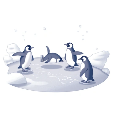 A group of three playful penguins ice skating on a frozen pond. One penguin is gliding smoothly on the ice with its wings slightly raised for balance. Another penguin is playfully tumbling, sliding on its belly with its feet in the air. The third penguin is standing upright, watching the others with a tilted head, appearing curious. The frozen pond shows cracks and lines beneath the surface, indicating its thickness. Snow-covered banks surround the pond, and a few scattered snowflakes are falling gently in the scene.