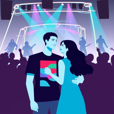 A couple standing closely together at a live music concert, surrounded by an energetic crowd. The man has short hair and is wearing a black t-shirt with a colorful graphic design. The woman has long wavy hair and is wearing a bright blue dress. They are smiling and looking towards the stage, where a band is performing. The background is filled with vibrant digital light effects in various colors, including blues, purples, and reds, illuminating the atmosphere and enhancing the excitement of the concert.