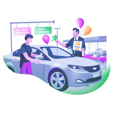 A car sales associate standing beside a shiny, modern sedan. The associate is wearing a professional outfit and has a friendly expression while showing a tablet displaying trade-in options. A customer, dressed in casual clothing, is gesturing towards the car with a look of curiosity. The background includes a dealership setting with several cars on display and banners promoting special deals. There are also some colorful balloons floating above to create a welcoming atmosphere.