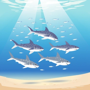 A group of five sharks, each with distinct patterns on their bodies, are swimming in the open sea. The water is a vibrant blue, creating a dynamic background. Surrounding the sharks, there are swirling schools of small silvery fish, darting in various directions. Sunlight penetrates the surface, casting shimmering reflections on the sand below. The sharks are positioned at different angles, showcasing their sleek bodies and sharp fins as they navigate through the dense cloud of fish.