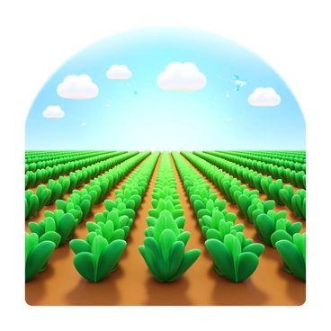 A vast farming field with rows of green crops stretching towards the horizon. The plants are vibrant and healthy, showcasing various stages of growth. Above the field, clouds are dispersing to indicate a breeze. Small arrows are depicted around the crops, visually representing the exchange of gases with the atmosphere. The sky is bright with sunlight filtering through the clouds, casting soft shadows on the ground.