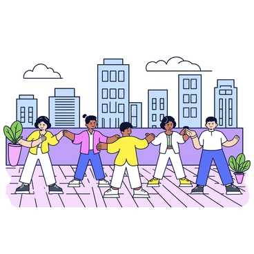 A tai chi class taking place on a city rooftop. There are several individuals in a series of tai chi poses, dressed in loose-fitting, light-colored clothing. The skyline features tall skyscrapers with glass windows reflecting the sunlight in the background. The rooftop has a wooden surface, and a few potted plants are scattered around, adding a touch of greenery. The sky above is clear with a few fluffy clouds.