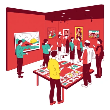 A red exhibition hall filled with diverse illustrators from different countries, each displaying their artworks. On one side, a teal illustrator stands beside a large colorful canvas that depicts a vibrant landscape. Nearby, a yellow illustrator is engaged in conversation with visitors, showcasing a collection of intricate character designs arranged on a table. In the background, a group of observers admires a series of framed illustrations hung on the walls, showcasing styles from various cultures. The atmosphere is lively, with people exploring and discussing the artworks around them.