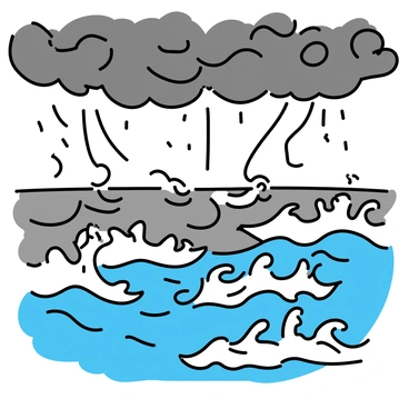 A turbulent sea with high, crashing waves, creating a dynamic and chaotic surface. The sky above is filled with dark, swirling clouds, suggesting a fierce storm is approaching. The contrast of the white foam from the waves against the deep blue and gray of the water enhances the sense of turmoil. Light breaks through in jagged lines, illuminating parts of the sea while casting deep shadows on the rest of the surface.