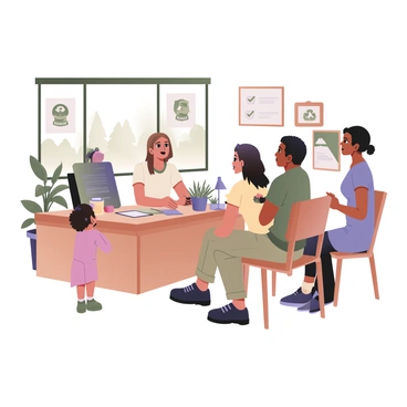 A digital flat illustration depicting an eco-friendly consultant in a bright, green-themed office. The consultant is a woman with medium skin and curly hair, wearing a white blouse and green pants. She is sitting at a wooden desk covered with plants and eco-friendly products. Across from her, a family consisting of two parents and two children attentively listens. The mother has light skin, long brown hair, and is dressed in a light blue dress. The father has dark skin and short hair, wearing a green t-shirt and khaki shorts. One child is a boy with curly hair in a yellow shirt, and the other is a girl with straight hair in a pink dress. A large window shows a bright outside view with trees. The walls are adorned with green graphics promoting sustainable living practices. A small whiteboard nearby displays tips like "Reduce, Reuse, Recycle."