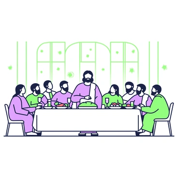 A long table is set in a spacious room, with Jesus at the center, flanked by his twelve disciples. Jesus has a calm expression, wearing a simple robe, and is gesturing towards a glass of wine and a loaf of bread in front of him. The disciples are seated in groups, engaged in conversation or showing various expressions of surprise and curiosity. Each disciple is dressed in distinct robes, adding variety to the scene. The table is covered with plates of food, including fruits and bread, and there are glasses of wine placed in front of each disciple. The walls of the room are adorned with simple decorations that complement the atmosphere. Soft light streams in from large windows, illuminating the gathering.