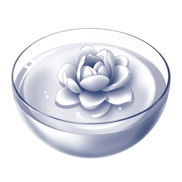 A single camellia flower with delicate petals is floating on the surface of a clear glass bowl filled with water. The flower is fully bloomed, showcasing its intricate layers and detailed texture. The bowl is round and transparent, allowing light to pass through and create subtle reflections on the water's surface. Small ripples can be seen around the flower, gently disturbing the calm surface of the water.