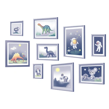 A gallery wall filled with framed illustrations from children's books. There are several distinct frames containing diverse scenes. One frame features a colorful dinosaur standing in a lush prehistoric landscape. Another frame displays an astronaut floating in space, surrounded by stars and planets. Additional frames include whimsical animal characters in vibrant environments and playful fantasy settings. The arrangement creates a dynamic and engaging visual experience, inviting viewers to explore each illustration's narrative.
