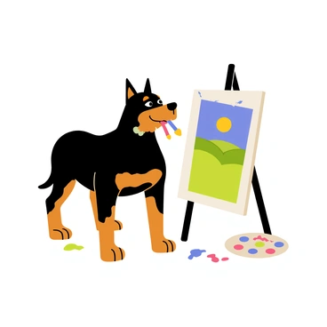 A muscular rottweiler with a shiny black and tan coat is standing beside a white canvas. The rottweiler holds a colorful paintbrush in its mouth, with a splash of blue and yellow paint on its fur, indicating its creative endeavor. The canvas is propped up against an easel, showcasing a partially completed painting of a vibrant landscape filled with green hills and a bright blue sky. The scene is set in an art studio, with paint splatters on the floor and a palette filled with various colors nearby.