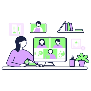 An employee is sitting at a desk while attending a virtual meeting on their computer. The employee has medium-length hair and is wearing a blue shirt. They are focused on the screen, which displays several participant windows. In front of the computer, there is a notepad with green and purple designs, along with a green pen resting on the notepad. To the side, a potted plant adds a touch of green, and a coffee mug is positioned near the computer. The background features a bookshelf filled with several books and a small decorative item.