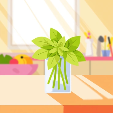 A small, clear glass vase filled with vibrant green basil cuttings sits on a wooden kitchen table. The basil leaves are fresh and lush, adding a pop of color. Sunlight streams in through a nearby window, casting warm golden light across the table surface and creating gentle shadows. The background features a hint of kitchen decor, such as a fruit bowl and a few kitchen utensils.