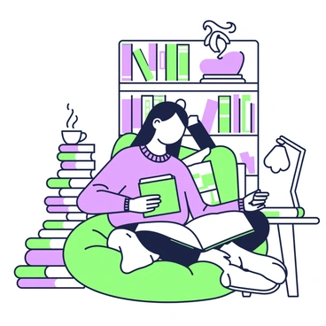A girl is sitting on a plush, green cushion in a cozy library corner. She has long hair and is wearing a comfortable sweater. Around her, there is a stack of books that vary in size, with some open and some closed, displaying colorful covers. The girl is holding a book in her hands, reading intently. A small wooden table next to her holds a steaming cup of tea. Behind her, bookshelves filled with neatly arranged books stretch upward, adding to the inviting atmosphere. A soft lamp beside her casts a warm glow, illuminating the pages of her book.