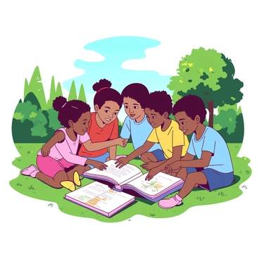 A group of children are sitting on the grass outside, surrounded by a lush green landscape. They are gathered closely around a colorful book that is open in the center of their circle. Each child has a look of excitement and curiosity on their faces as they point at different pages in the book. The children are of diverse backgrounds, dressed in vibrant clothing, hinting at their unique personalities. Sunlight filters through the leaves of nearby trees, casting gentle shadows on the ground as they share ideas and stories inspired by the book. A bright yellow butterfly flits nearby, adding a touch of whimsy to the scene.