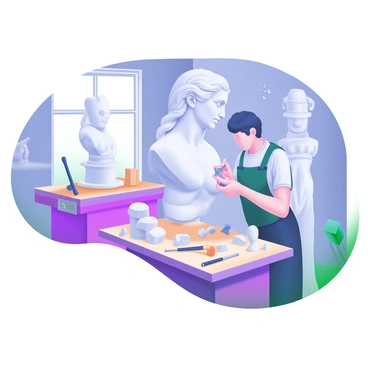 A sculptor is focused on chiseling fine details into a marble statue. The statue, partially completed, showcases intricate features like flowing hair and delicate facial expressions. The studio is filled with dust particles floating in the air, illuminated by soft natural light coming from a nearby window. Tools such as chisels and hammers are arranged on a wooden workbench beside the sculptor, and chunks of marble are scattered across the floor, adding to the atmosphere of creativity and craftsmanship. The walls of the studio are lined with various completed sculptures.