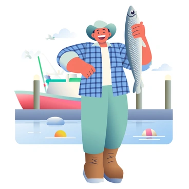 A proud fisherman with sun-kissed skin and a wide-brimmed hat is standing in the harbor, holding up a large, shiny fish with silvery scales. He is wearing a blue plaid shirt with rolled-up sleeves and sturdy brown fishing boots. The background features several boats docked in the water, with some seagulls flying overhead. The harbor is surrounded by wooden posts, and there are colorful buoys floating nearby. The fisherman has a big smile on his face, showcasing his excitement over the catch of the day.