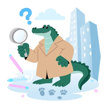 A crocodile is dressed in a beige trench coat that is slightly flared at the bottom. The crocodile is holding a large magnifying glass in one claw, examining a set of footprints on the ground. Surrounding the crocodile, various clues are scattered, including a small notepad and a pencil. In the background, there is a shadowy alley with tall, narrow buildings looming, creating an atmosphere of intrigue. Above the scene, there is a large question mark shaped like a cloud, emphasizing the mystery theme.