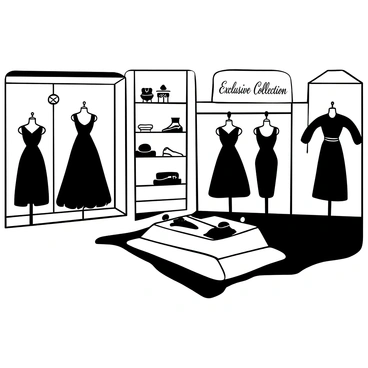 An upscale boutique interior featuring elegant displays of high-end dresses on stylish mannequins. The boutique is adorned with plush carpets and sleek shelving, showcasing various dresses in distinct styles and fabrics. Soft lighting casts gentle shadows, highlighting the intricate details of the garments. Decorative elements, such as luxurious fabric swatches and tasteful accessories, enhance the sophisticated atmosphere of the space. "Exclusive Collection" is written in a tasteful font on a sign displayed prominently within the boutique.