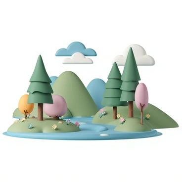 A vibrant nature scene featuring a lush green landscape. Tall trees with detailed bark and vibrant leaves are scattered throughout the scene. A winding river flows through the center, reflecting the colors of the trees and the sky above. The ground is covered with patches of wildflowers in various colors, adding splashes of color to the green. Fluffy clouds drift lazily in the bright blue sky, and a gentle breeze rustles the leaves of the trees. The overall composition captures the essence of a serene natural environment.