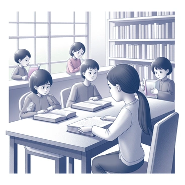 A young girl with dark hair tied back is sitting at a large wooden table in a bustling library. She is focused on a thick book in front of her. Around her, several children of various ages are seated, each deeply engaged in their own reading materials. Some children are flipping through colorful picture books, while others hold chapter books, their brows furrowed in concentration. The library shelves are filled with an array of books, and the air is filled with the soft rustle of pages turning and quiet whispers of excitement. Sunlight filters through large windows, casting patterns of light and shadow on the floor.