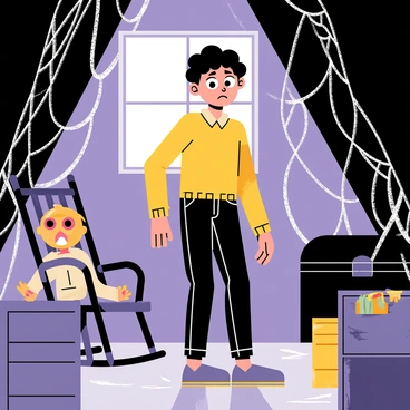 A person standing in a dusty attic filled with cobwebs. The attic is cluttered with various spooky items, such as an old, creaky rocking chair, a tattered doll with wide eyes, and a mysterious trunk. The person has a worried expression, with wide eyes and slightly parted lips, indicating apprehension. Dust particles are visible in the shafts of light coming through a small window, enhancing the eerie atmosphere of the attic.