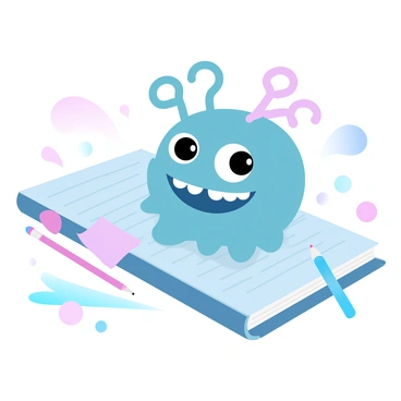 A cute paper clip monster with googly eyes is positioned on top of a colorful notebook. The monster has a large grin, showcasing its quirky personality. The notebook is filled with lined pages and has a vibrant cover pattern. Scattered around the notebook are a few colorful sticky notes and a bright pencil, adding to the playful atmosphere. A large paperclip shape is also visible, complementing the monster's design.
