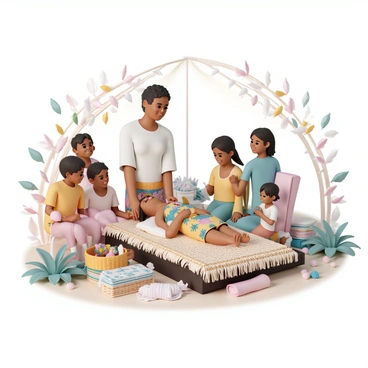 A midwife, wearing a white blouse and a colorful wrap skirt, stands beside a birthing bed made of woven mats and blankets. She is attentively assisting a woman, who is lying on the bed, surrounded by family members. The woman is dressed in a vibrant dress, with floral patterns, and is holding a traditional decorative item. Various colorful decorations, such as flowers and fabric, are set up around the area, enhancing the cultural significance of the birth ceremony. Sunlight filters through the trees, illuminating the scene as family members look on with expressions of joy and support.