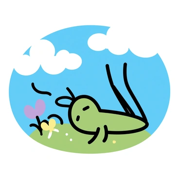 A green grasshopper lying on its back, with its legs raised in the air. The grasshopper's eyes are closed, and it has a content expression as if daydreaming. Above it, the sky is a vibrant blue, with a few fluffy white clouds scattered. Around the grasshopper, there is a patch of green grass, and small flowers in shades of yellow and purple can be seen nearby.