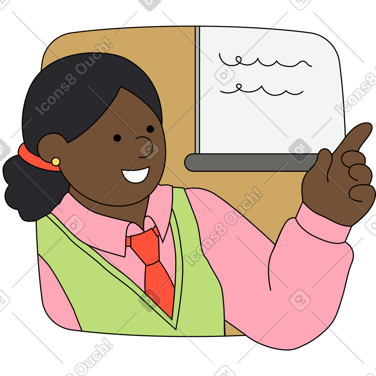 Ilustración Mujer explicando material nuevo en estilo Kindy a descargar en PNG y SVG